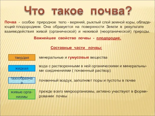 Почва - особое природное тело - верхний, рыхлый слой земной коры,