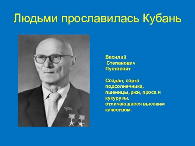 Людьми прославилась Кубань Василий Степанович Пустовойт Создал, сорта подсолнечника, пшеницы, ржи,