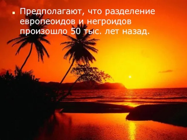 Предполагают, что разделение европеоидов и негроидов произошло 50 тыс. лет назад.