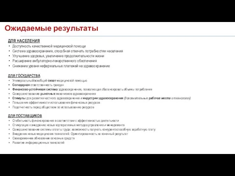 Ожидаемые результаты ДЛЯ НАСЕЛЕНИЯ Доступность качественной медицинской помощи Система здравоохранения, способная