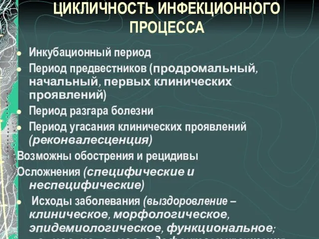 ЦИКЛИЧНОСТЬ ИНФЕКЦИОННОГО ПРОЦЕССА Инкубационный период Период предвестников (продромальный, начальный, первых клинических