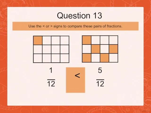 Question 13 1 12 5 12 Use the signs to compare these pairs of fractions.