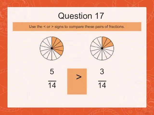 Question 17 5 14 > 3 14 Use the signs to compare these pairs of fractions.