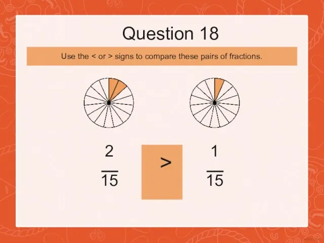 Question 18 2 15 > 1 15 Use the signs to compare these pairs of fractions.