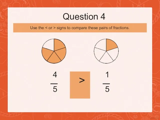 Question 4 4 5 > 1 5 Use the signs to compare these pairs of fractions.