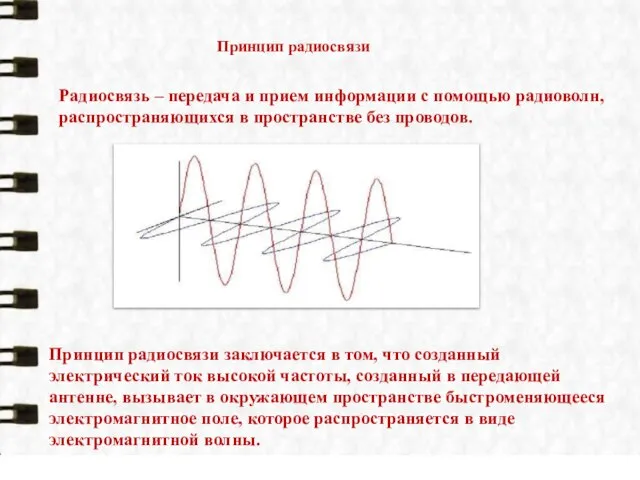 Принцип радиосвязи заключается в том, что созданный электрический ток высокой частоты,