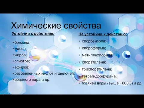 Химические свойства Устойчив к действию: бензина; масел; жиров; спиртов; эфиров; разбавленных