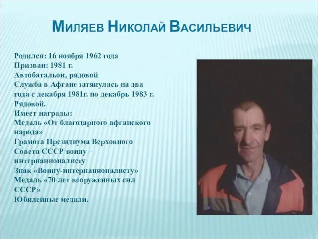 Миляев Николай Васильевич Родился: 16 ноября 1962 года Призван: 1981 г.