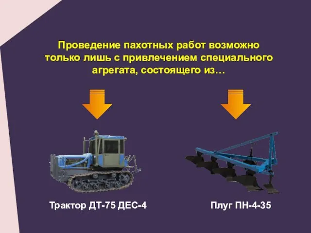 Проведение пахотных работ возможно только лишь с привлечением специального агрегата, состоящего