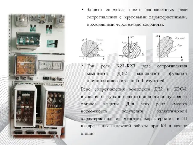 Защита содержит шесть направленных реле сопротивления с круговыми характеристиками, проходящими через