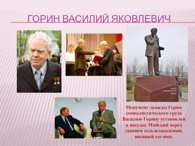 ГОРИН ВАСИЛИЙ ЯКОВЛЕВИЧ Монумент дважды Герою социалистического труда Василию Горину установлен