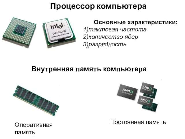 Внутренняя память компьютера Оперативная память Постоянная память Процессор компьютера Основные характеристики: тактовая частота количество ядер разрядность