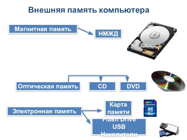 Магнитная память Электронная память НМЖД Оптическая память CD DVD Карта памяти