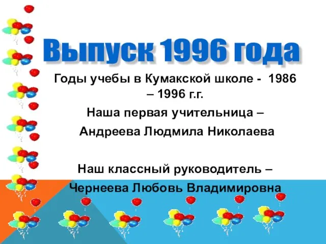 Годы учебы в Кумакской школе - 1986 – 1996 г.г. Наша