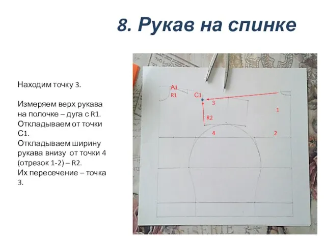 8. Рукав на спинке Находим точку 3. Измеряем верх рукава на