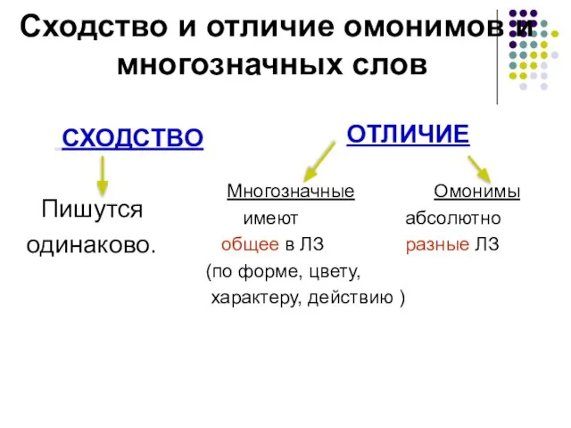 Сходство и отличие омонимов и многозначных слов СХОДСТВО Пишутся одинаково. ОТЛИЧИЕ