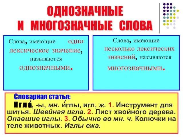 ОДНОЗНАЧНЫЕ И МНОГОЗНАЧНЫЕ СЛОВА Словарная статья: И г л а, -ы,