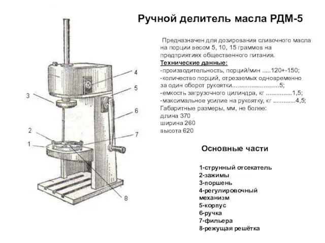 Ручной делитель масла РДМ-5 Предназначен для дозирования сливочного масла на порции