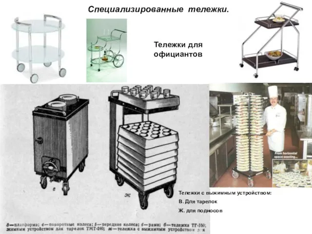 Специализированные тележки. Тележки с выжимным устройством: В. Для тарелок Ж. для подносов Тележки для официантов