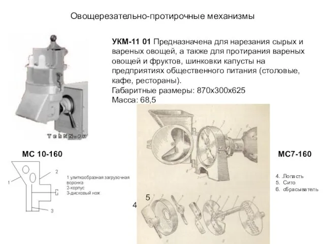 Овощерезательно-протирочные механизмы УКМ-11 01 Предназначена для нарезания сырых и вареных овощей,