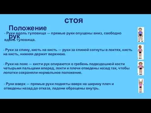 Исходные положения стоя Положение рук - Руки за спину, кисть на