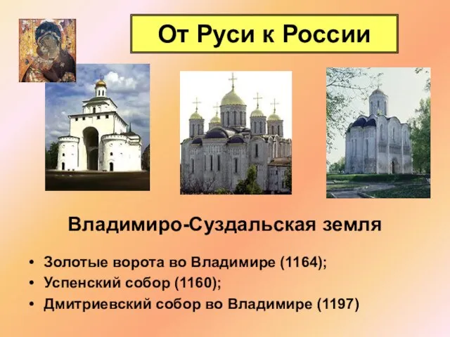 От Руси к России Владимиро-Суздальская земля Золотые ворота во Владимире (1164);