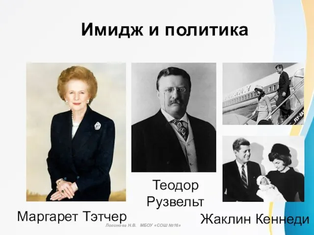 Имидж и политика Маргарет Тэтчер Жаклин Кеннеди Теодор Рузвельт Логинова Н.В. МБОУ «СОШ №16»