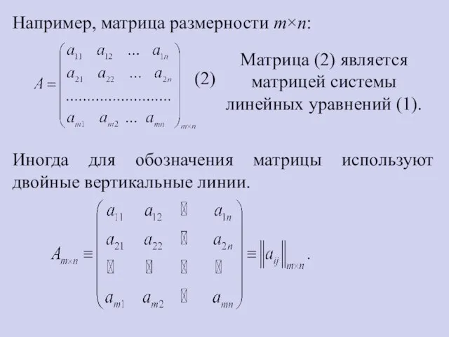 Например, матрица размерности m×n: Иногда для обозначения матрицы используют двойные вертикальные