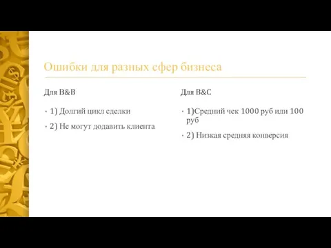 Ошибки для разных сфер бизнеса Для В&B 1) Долгий цикл сделки