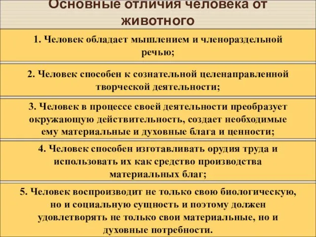 Основные отличия человека от животного 1. Человек обладает мышлением и членораздельной