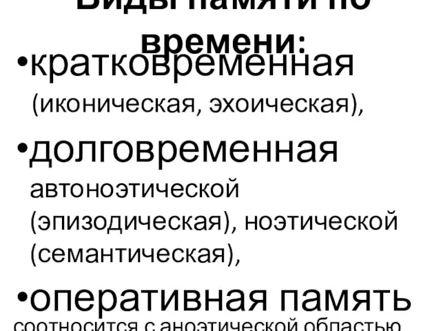 Виды памяти по времени: кратковременная (иконическая, эхоическая), долговременная автоноэтической (эпизодическая), ноэтической