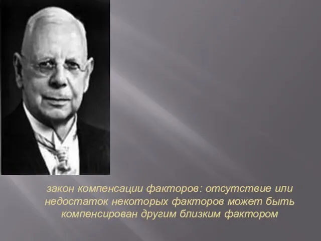 закон компенсации факторов: отсутствие или недостаток некоторых факторов может быть компенсирован другим близким фактором