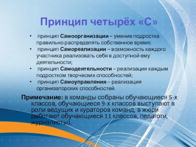 принцип Самоорганизации – умение подростка правильно распределять собственное время; принцип Самореализации