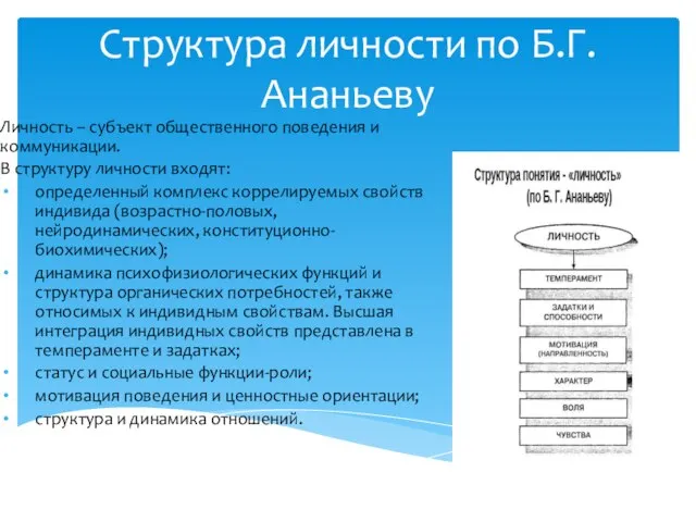 Структура личности по Б.Г.Ананьеву Личность – субъект общественного поведения и коммуникации.