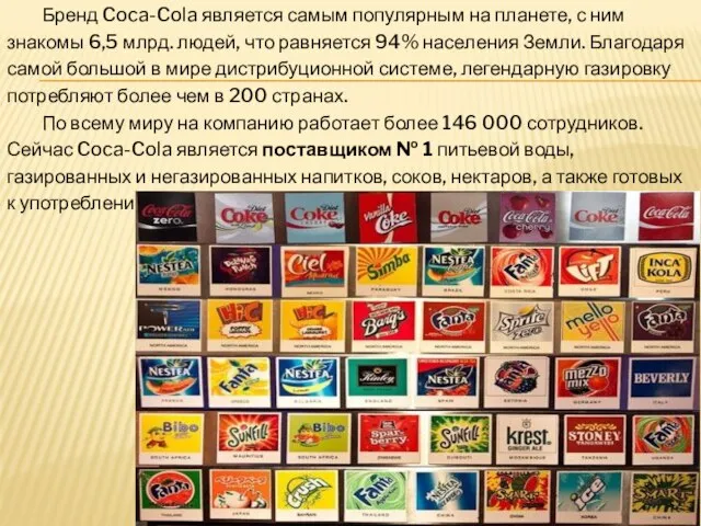 Бренд Coca-Cola является самым популярным на планете, с ним знакомы 6,5