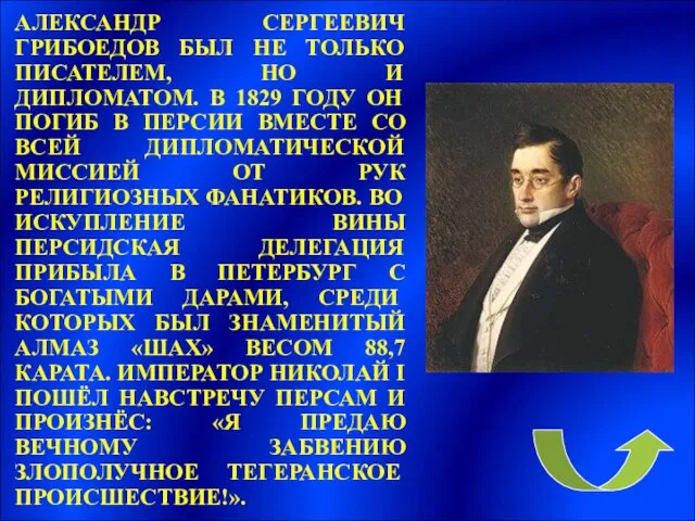 АЛЕКСАНДР СЕРГЕЕВИЧ ГРИБОЕДОВ БЫЛ НЕ ТОЛЬКО ПИСАТЕЛЕМ, НО И ДИПЛОМАТОМ. В