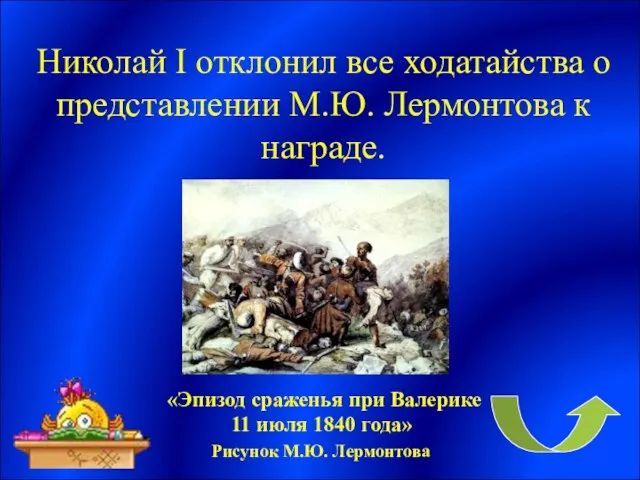 Николай I отклонил все ходатайства о представлении М.Ю. Лермонтова к награде.