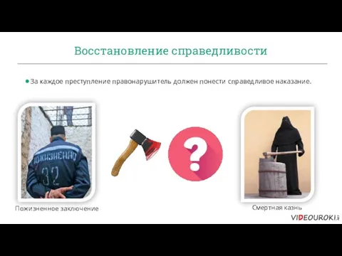 Восстановление справедливости За каждое преступление правонарушитель должен понести справедливое наказание. Смертная казнь Пожизненное заключение