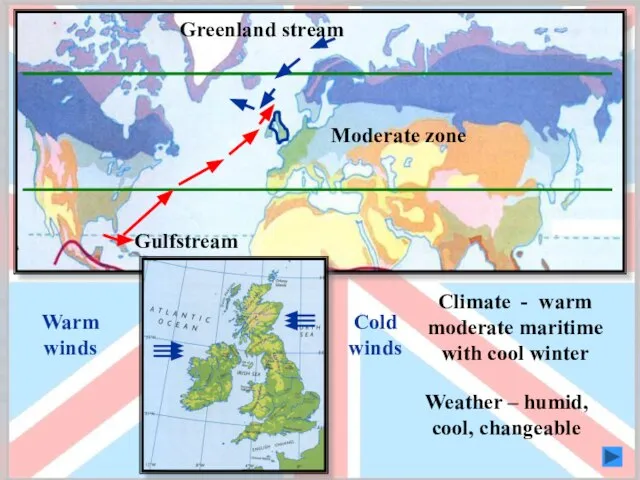 Climate - warm moderate maritime with cool winter Gulfstream Greenland stream Weather – humid, cool, changeable