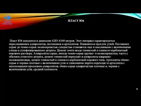 ПЛАСТ Ю4 Пласт Ю4 находится в диапазоне 4285-4340 метров. Этот интервал