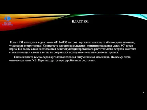 ПЛАСТ Ю1 Пласт Ю1 находится в диапазоне 4117-4137 метров. Аргиллиты в