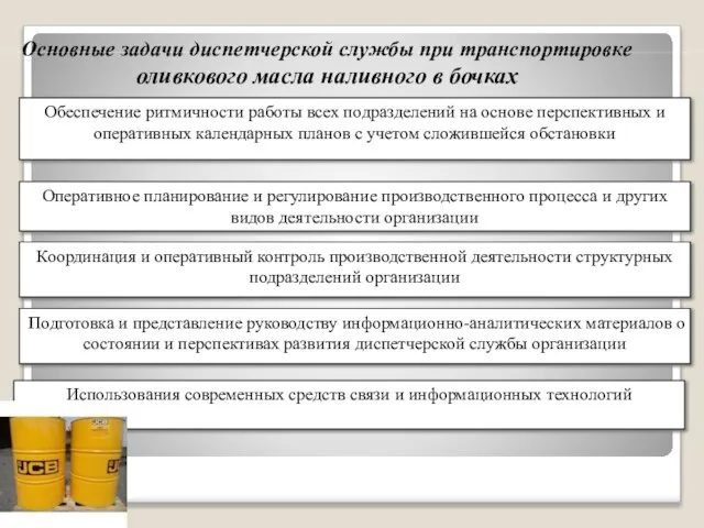 Основные задачи диспетчерской службы при транспортировке оливкового масла наливного в бочках