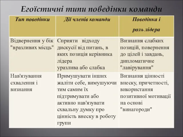 Егоїстичні типи поведінки команди