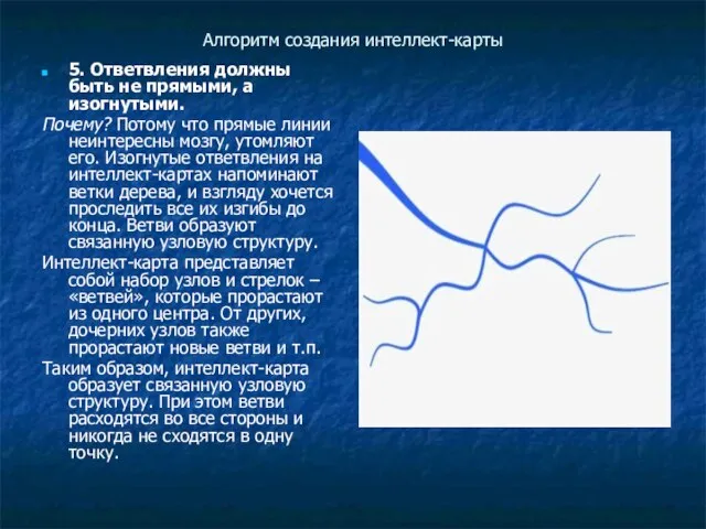 Алгоритм создания интеллект-карты 5. Ответвления должны быть не прямыми, а изогнутыми.