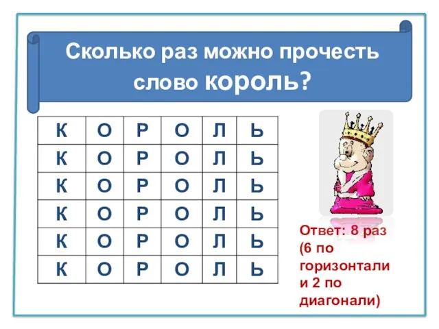 Сколько раз можно прочесть слово король? Ответ: 8 раз (6 по горизонтали и 2 по диагонали)