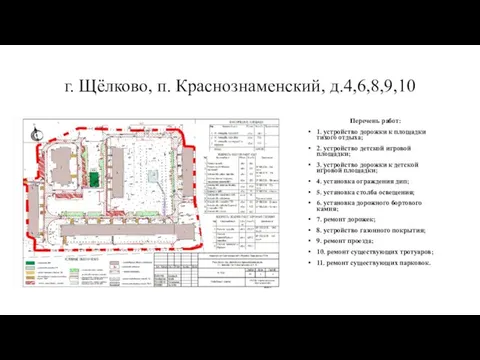 г. Щёлково, п. Краснознаменский, д.4,6,8,9,10 Перечень работ: 1. устройство дорожки к