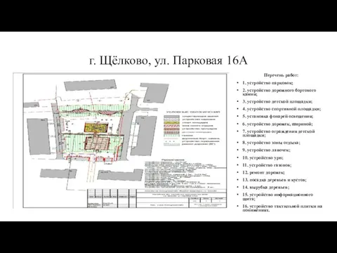 г. Щёлково, ул. Парковая 16А Перечень работ: 1. устройство парковок; 2.