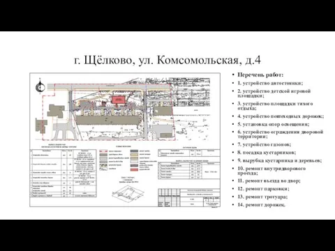 г. Щёлково, ул. Комсомольская, д.4 Перечень работ: 1. устройство автостоянки; 2.