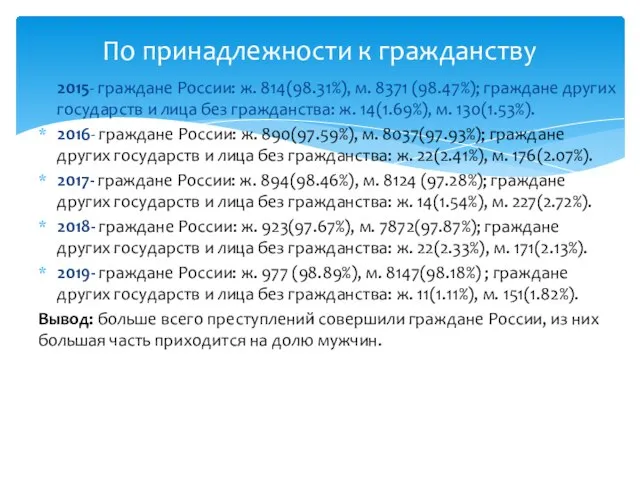 По принадлежности к гражданству 2015- граждане России: ж. 814(98.31%), м. 8371