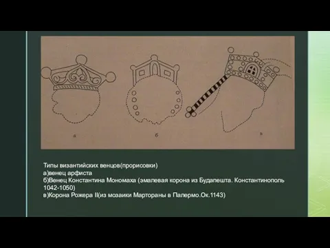 Типы византийских венцов(прорисовки) а)венец арфиста б)Венец Константина Мономаха (эмалевая корона из